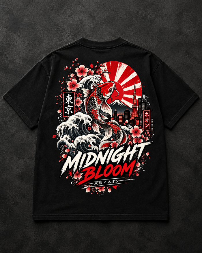 Midnight Bloom Tokyo Koi graphic tee with koi, sakura and wave artwork