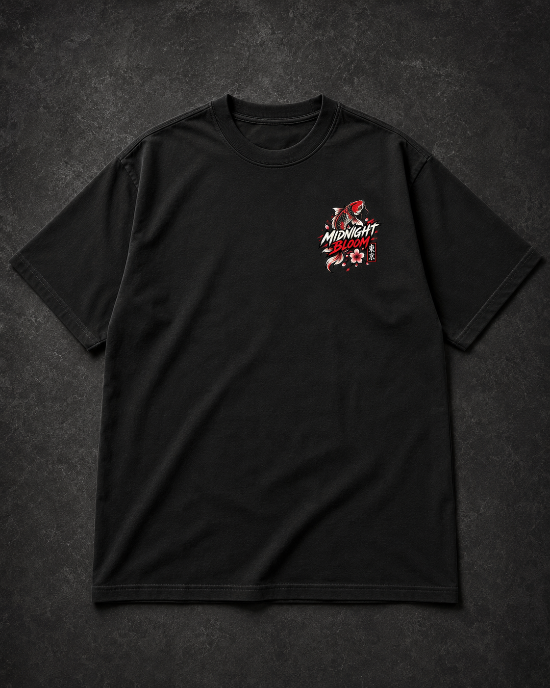 Midnight Bloom Tokyo Koi graphic tee with koi, sakura and wave artwork