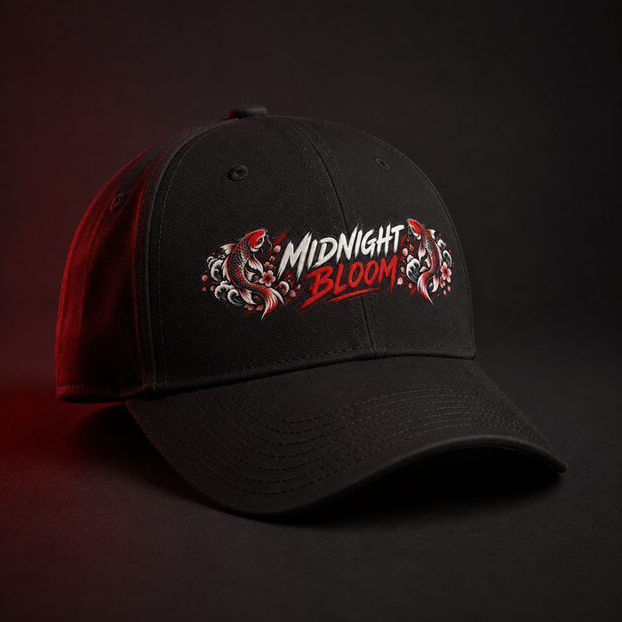 Midnight Bloom embroidered dad cap with floral script front design
