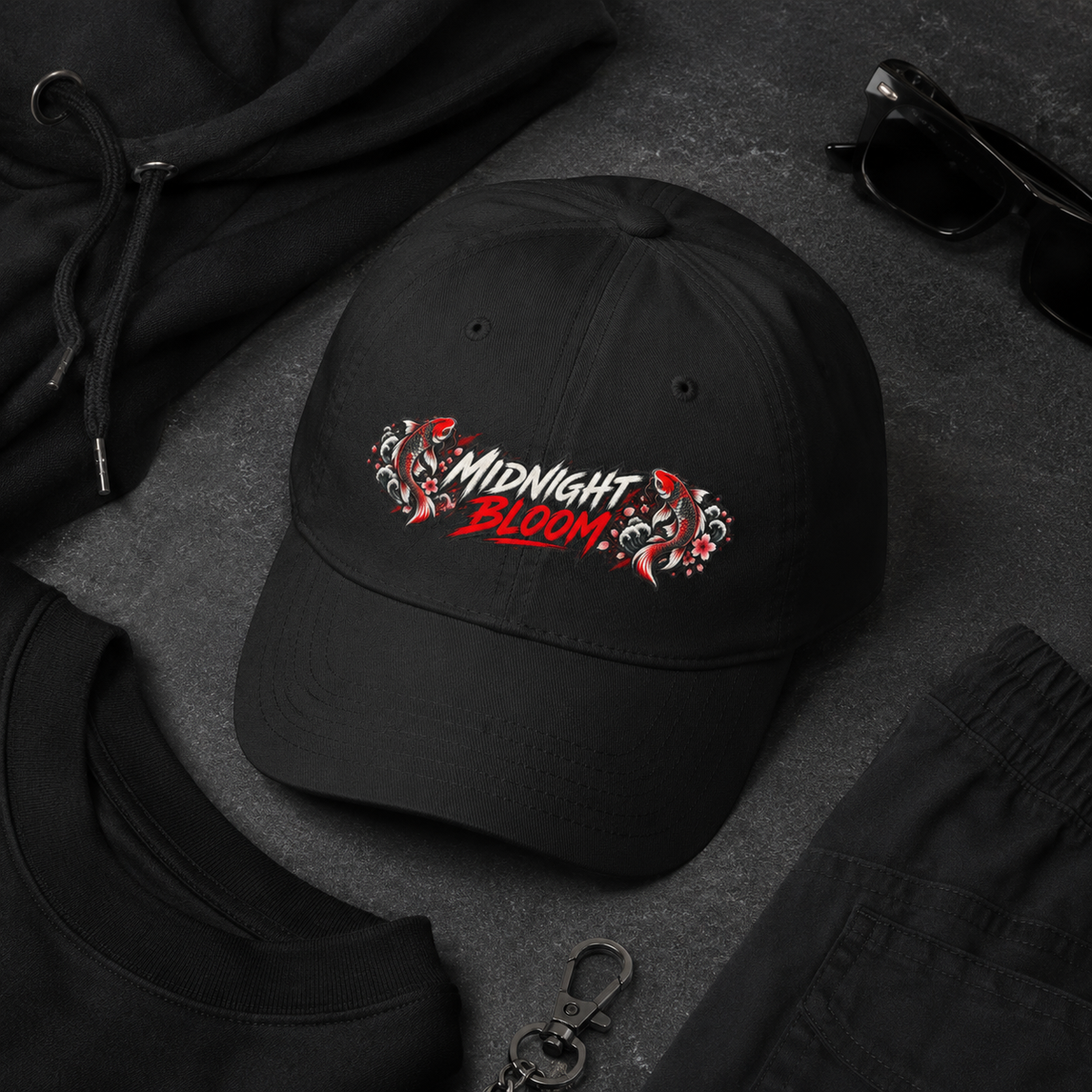Midnight Bloom embroidered dad cap with floral script front design