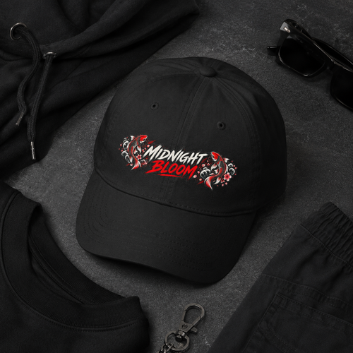 Midnight Bloom embroidered dad cap with floral script front design