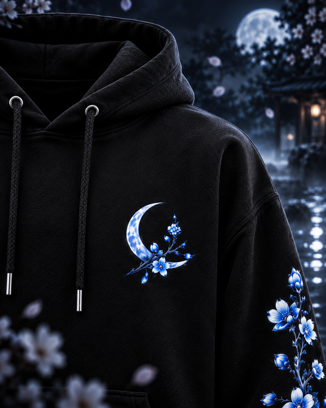 Blue Floral Moon & Serpent Graphic Relaxed Hoodie