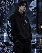 Blue Floral Moon & Serpent Graphic Relaxed Hoodie