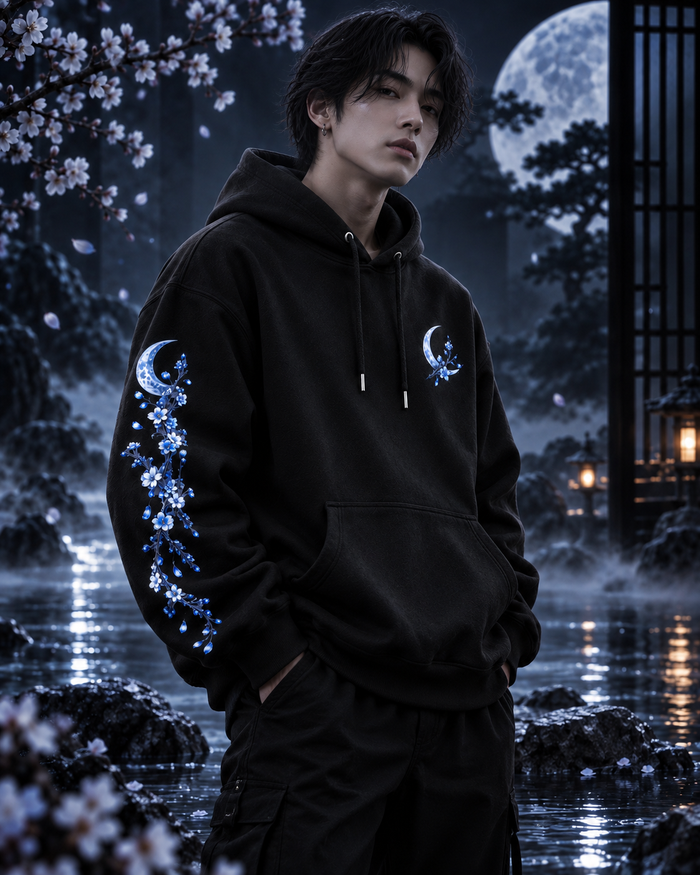 Blue Floral Moon & Serpent Graphic Relaxed Hoodie