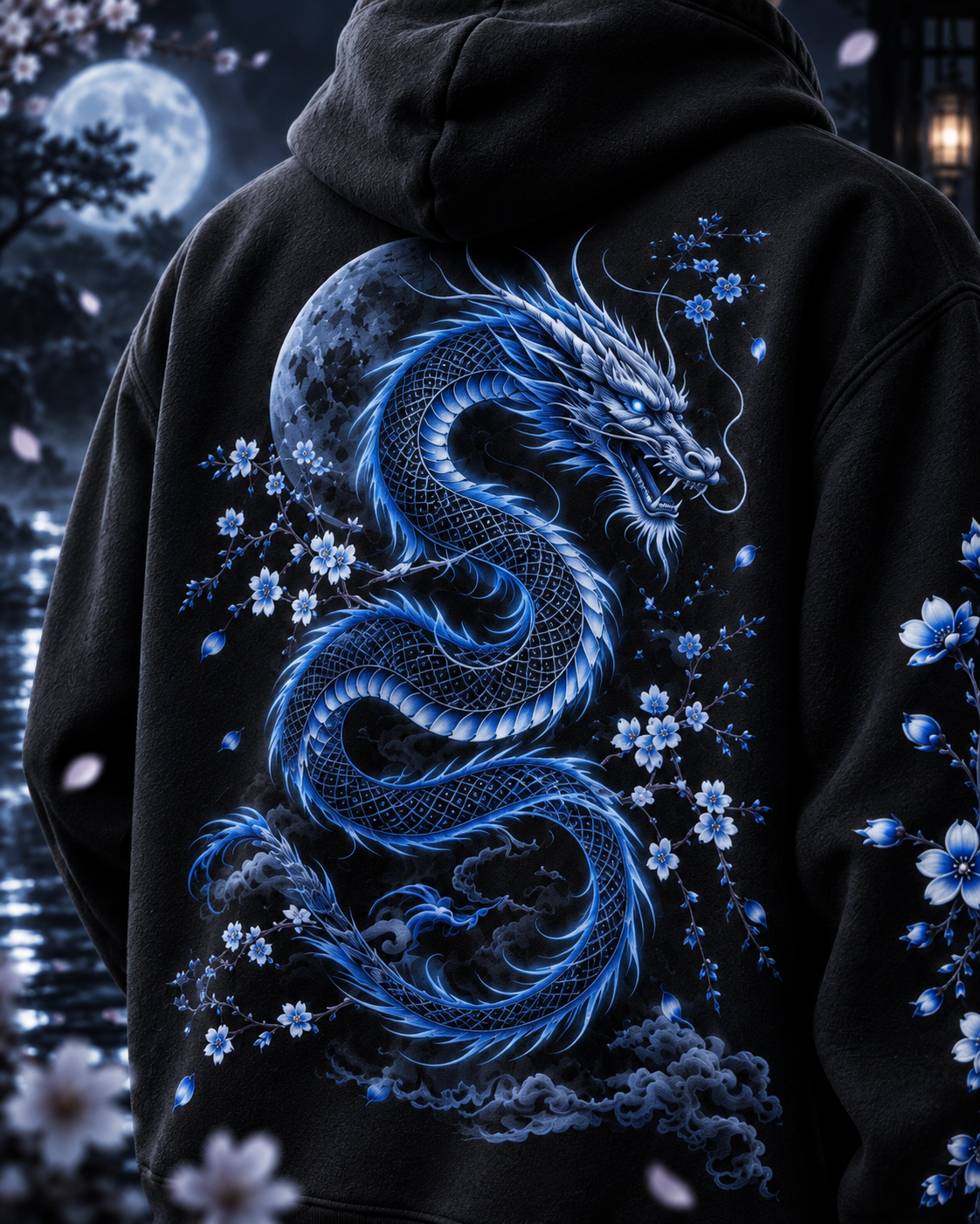 Blue Floral Moon & Serpent Graphic Relaxed Hoodie
