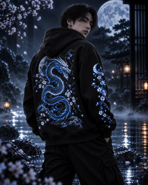 Blue Floral Moon & Serpent Graphic Relaxed Hoodie
