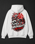 A white pullover hoodie shown from the back, featuring a large graphic print with a Japanese wave, cherry blossoms, a red sun motif, and the text 'MIDNIGHT BLOOM'.