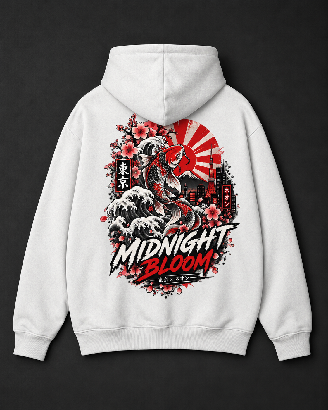 A white pullover hoodie shown from the back, featuring a large graphic print with a Japanese wave, cherry blossoms, a red sun motif, and the text 'MIDNIGHT BLOOM'.
