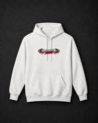 A white pullover hoodie with a front kangaroo pocket and drawstrings, featuring a stylized red and black graphic on the chest that reads 'Surreal' in a graffiti-style font, displayed against a dark textured background.