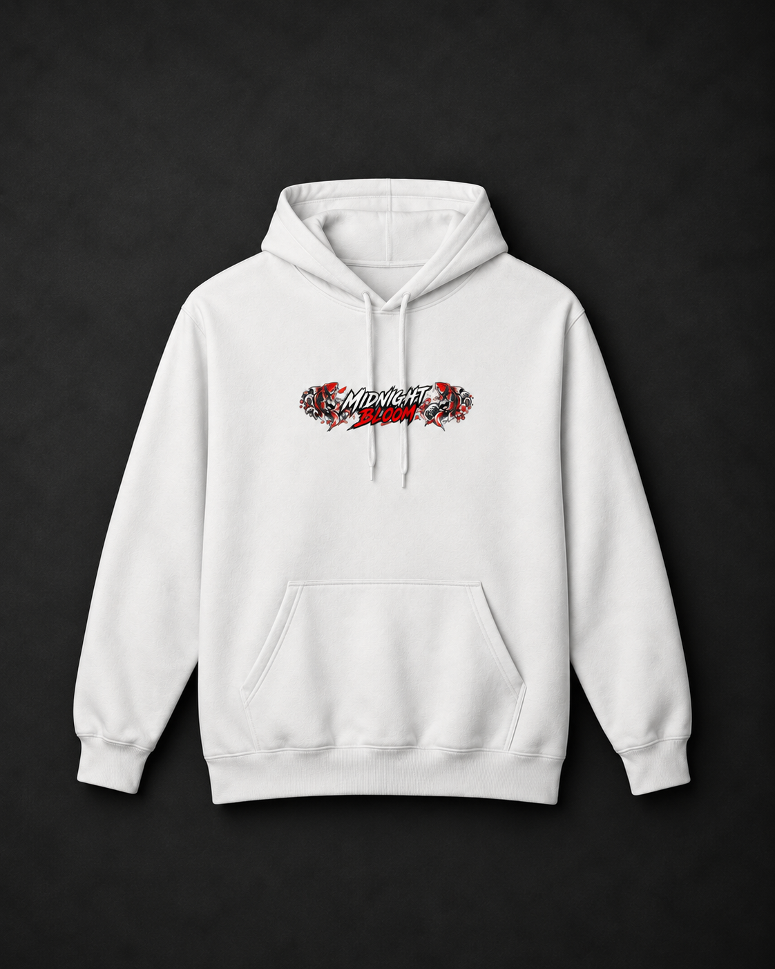 A white pullover hoodie with a front kangaroo pocket and drawstrings, featuring a stylized red and black graphic on the chest that reads 'Surreal' in a graffiti-style font, displayed against a dark textured background.