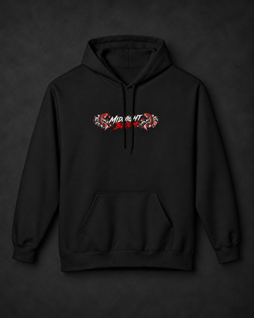 A black pullover hoodie with a red and white 'Midnight Blood' graphic printed on the chest, displayed against a dark textured background.