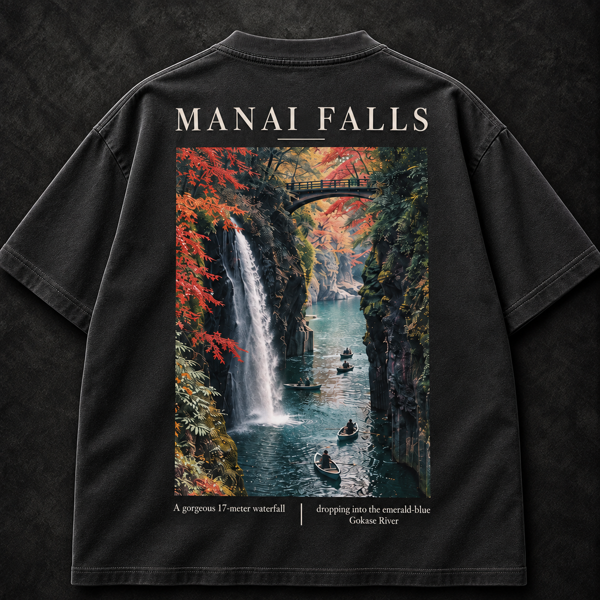 Black Manai Falls tee waterfall back print detail