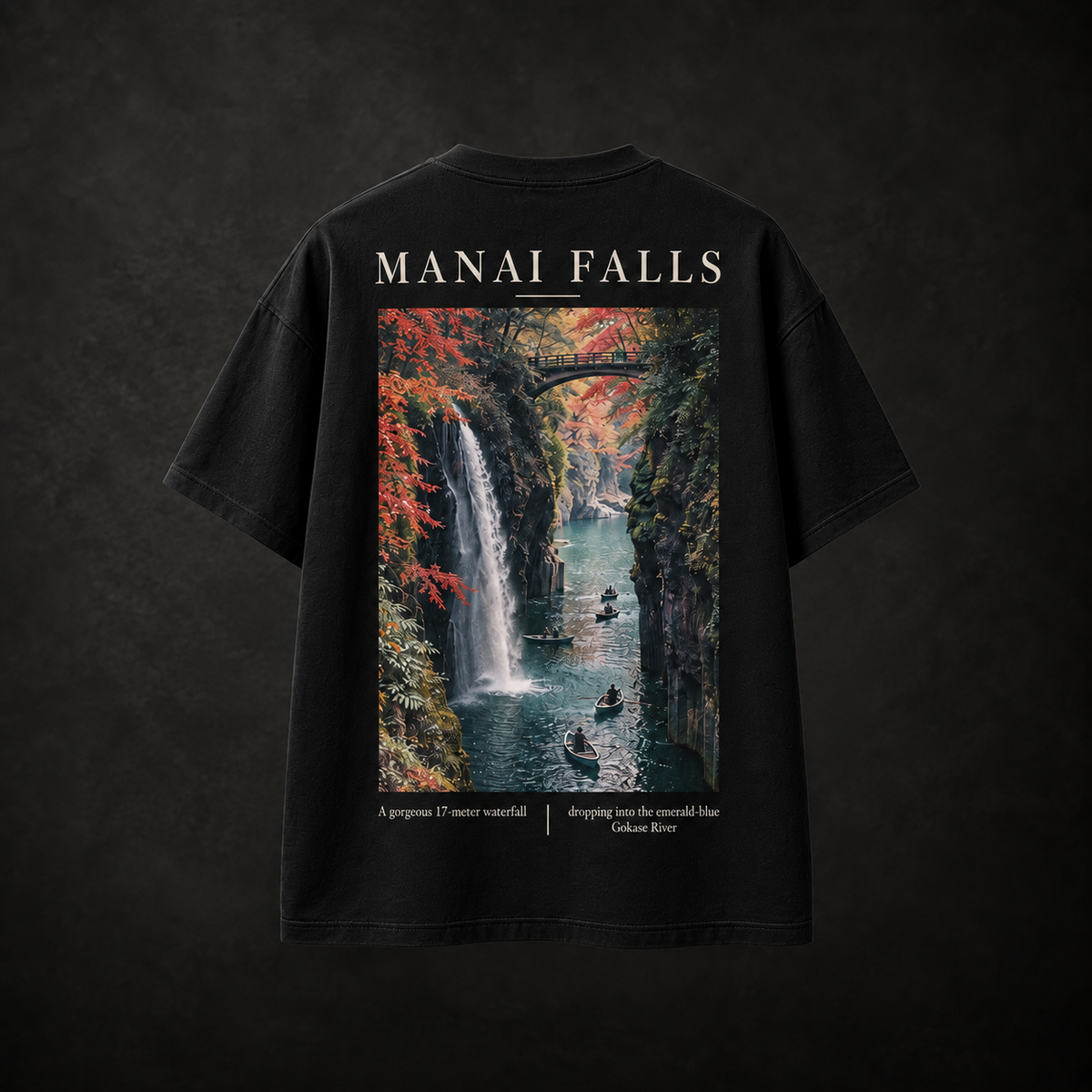 Manai Falls Japanese travel tee black back with waterfall graphic