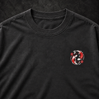 Black Manai Falls tee koi chest emblem and collar detail