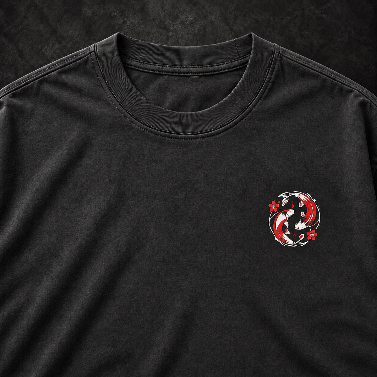 Black Manai Falls tee koi chest emblem and collar detail