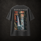 Manai Falls Japanese travel tee charcoal back with waterfall graphic