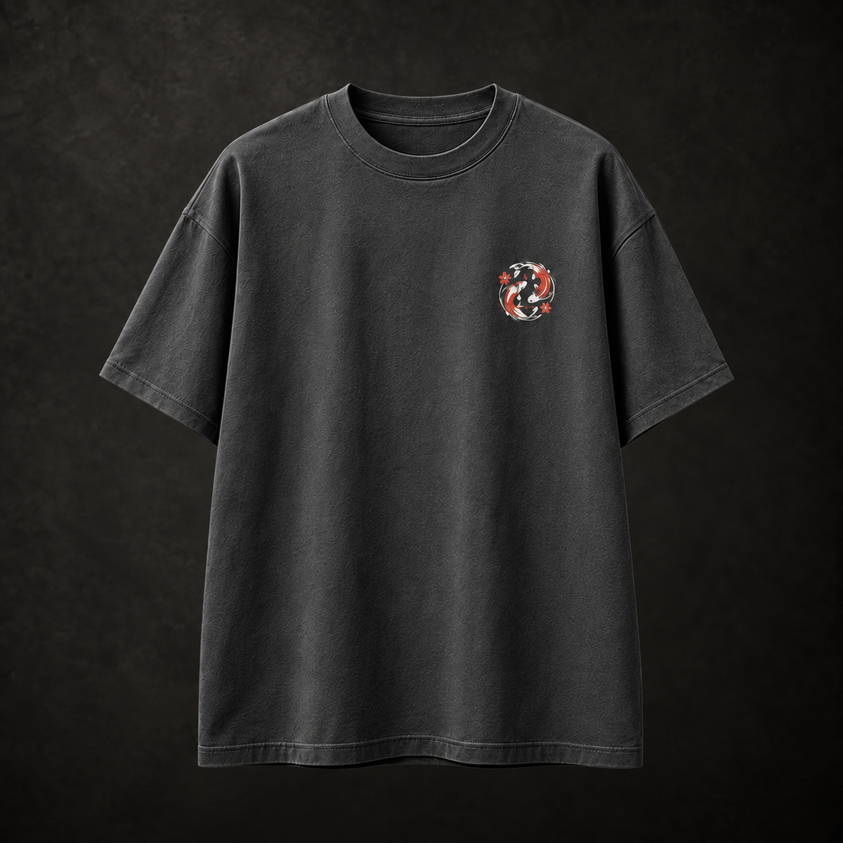 Manai Falls Japanese travel tee charcoal front with koi chest emblem