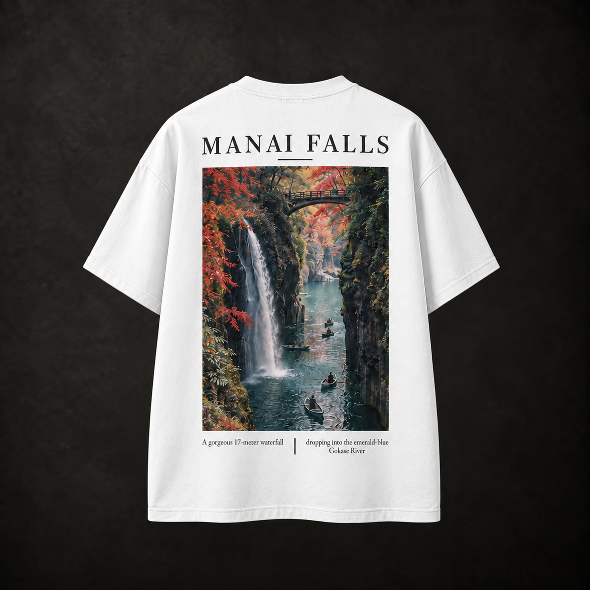 Manai Falls Japanese travel tee white back with waterfall graphic