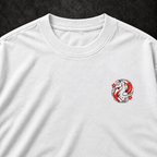 White Manai Falls tee koi chest emblem and collar detail