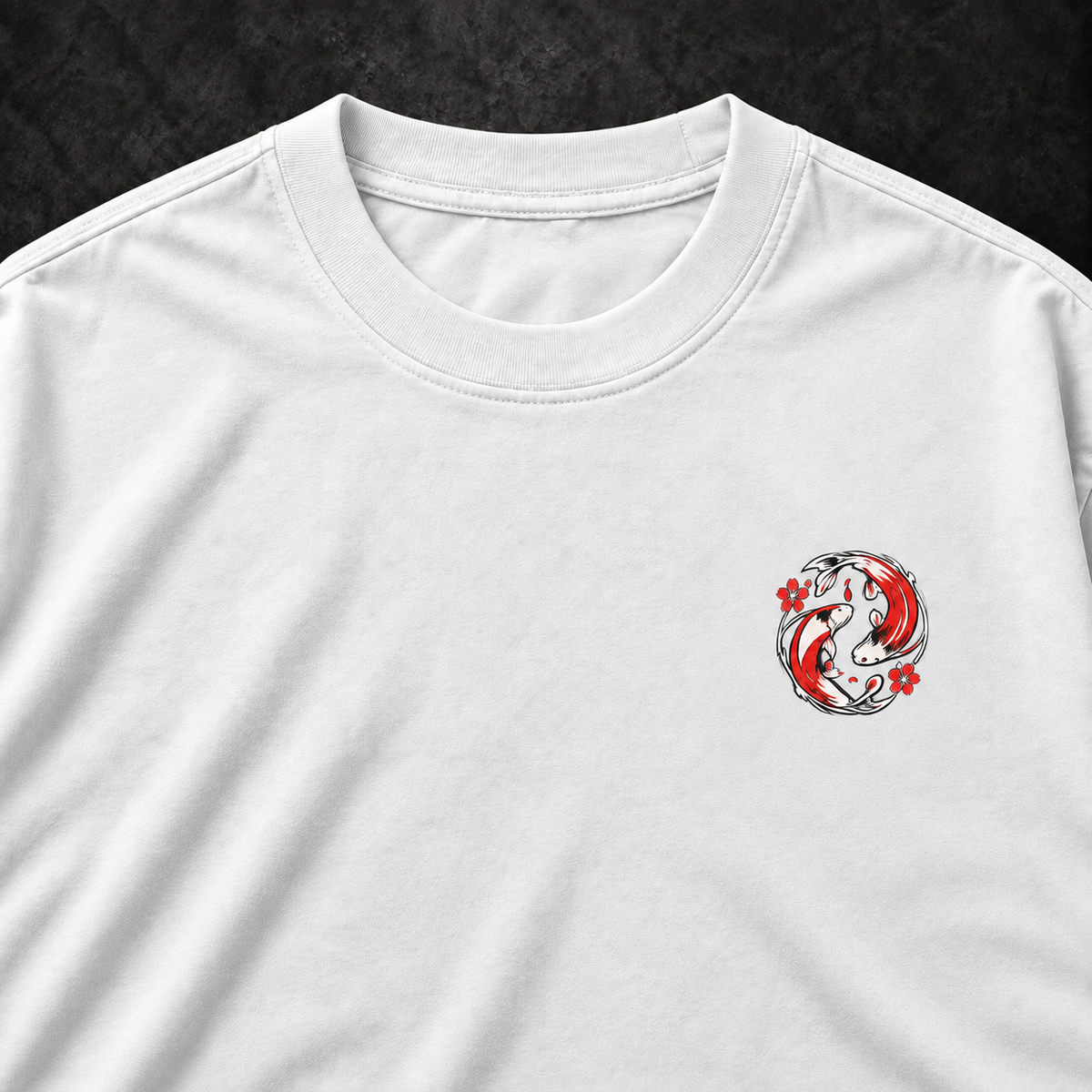 White Manai Falls tee koi chest emblem and collar detail