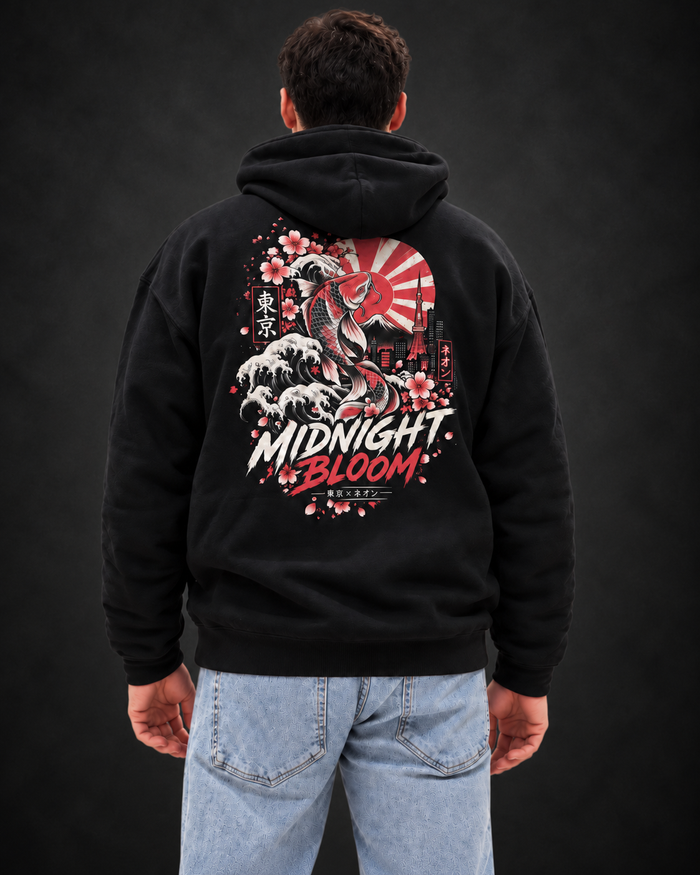 Midnight Bloom black hoodie model back view