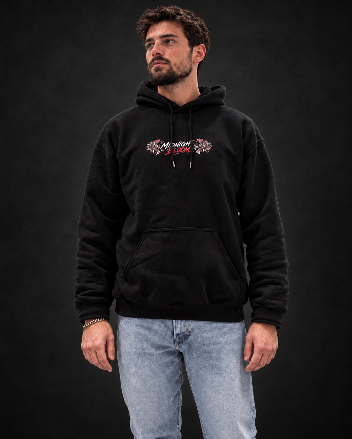Midnight Bloom black hoodie model front view