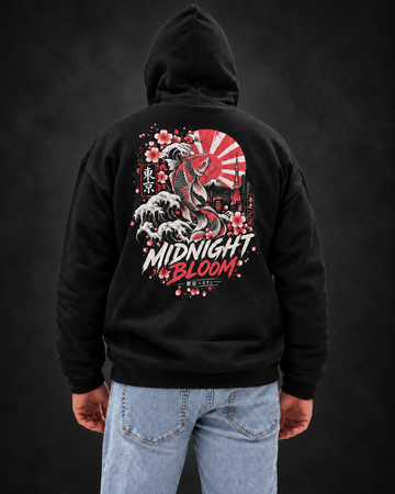 Midnight Bloom black hoodie model back view with hood up