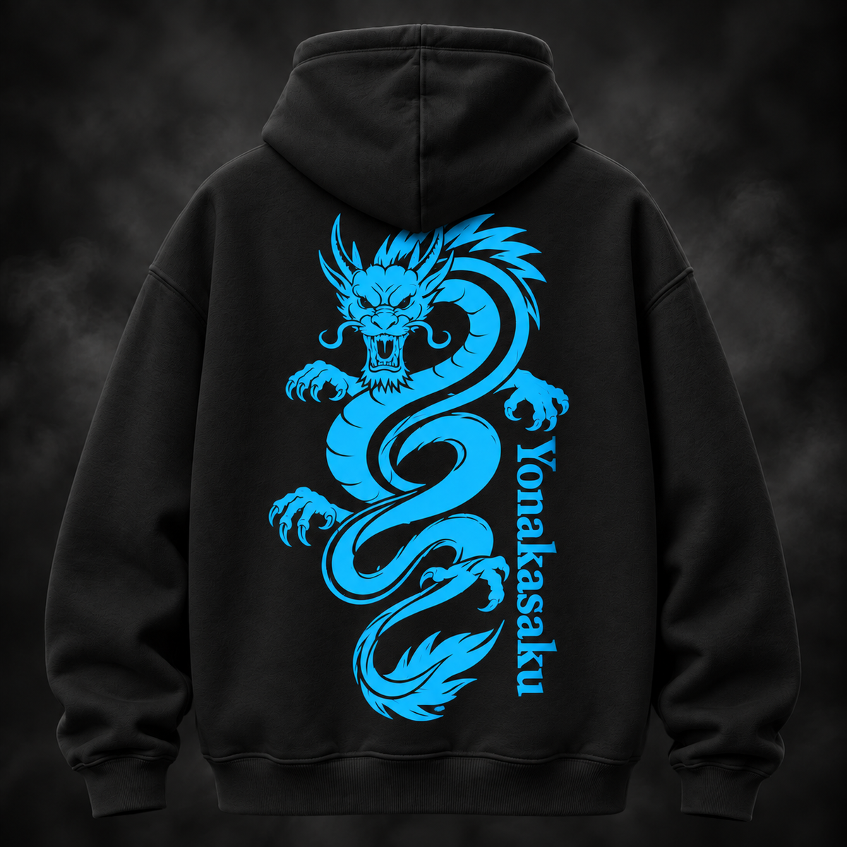Yonakasaku black hoodie back with oversized electric blue dragon graphic