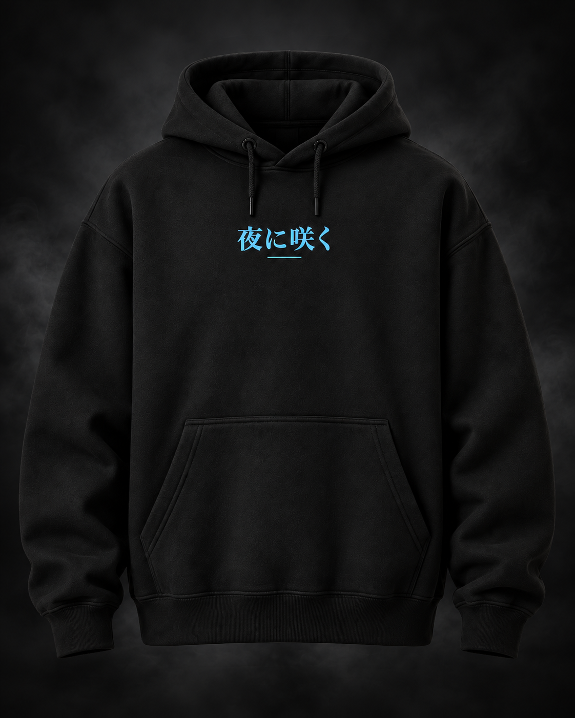 Yonakasaku black hoodie front with electric blue Japanese chest mark