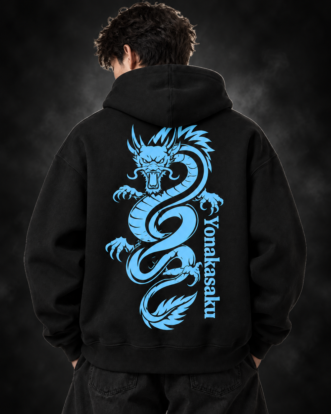 Yonakasaku black hoodie model back with electric blue dragon print