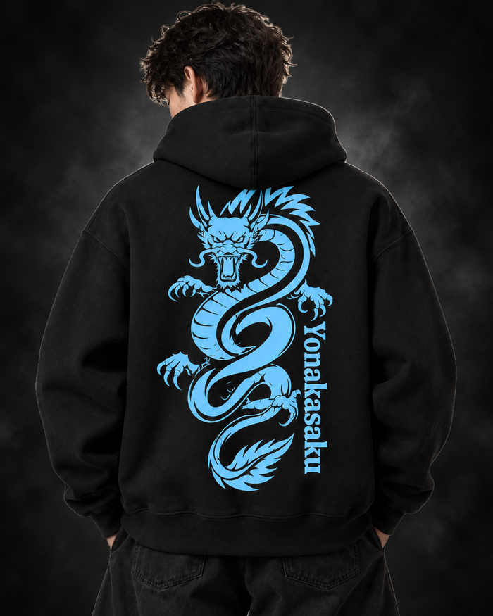 Yonakasaku black hoodie model back with electric blue dragon print