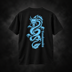 Yonakasaku black T-shirt back with electric blue dragon and vertical logo