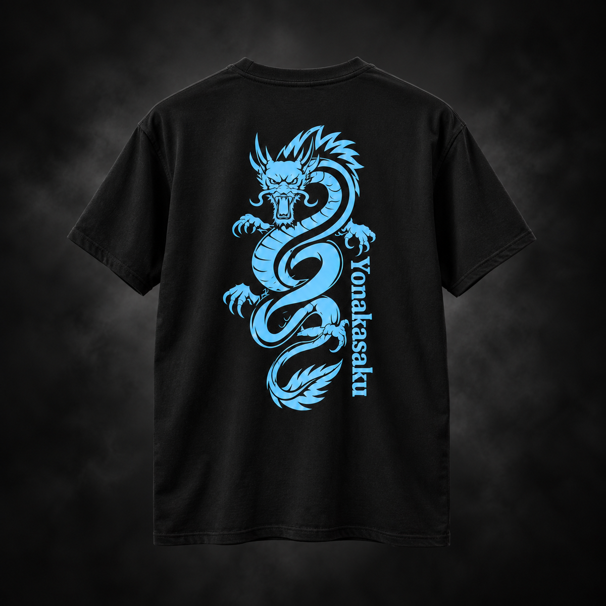 Yonakasaku black T-shirt back with electric blue dragon and vertical logo