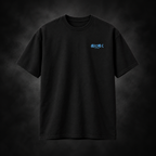Yonakasaku black T-shirt front with icy blue Japanese chest print