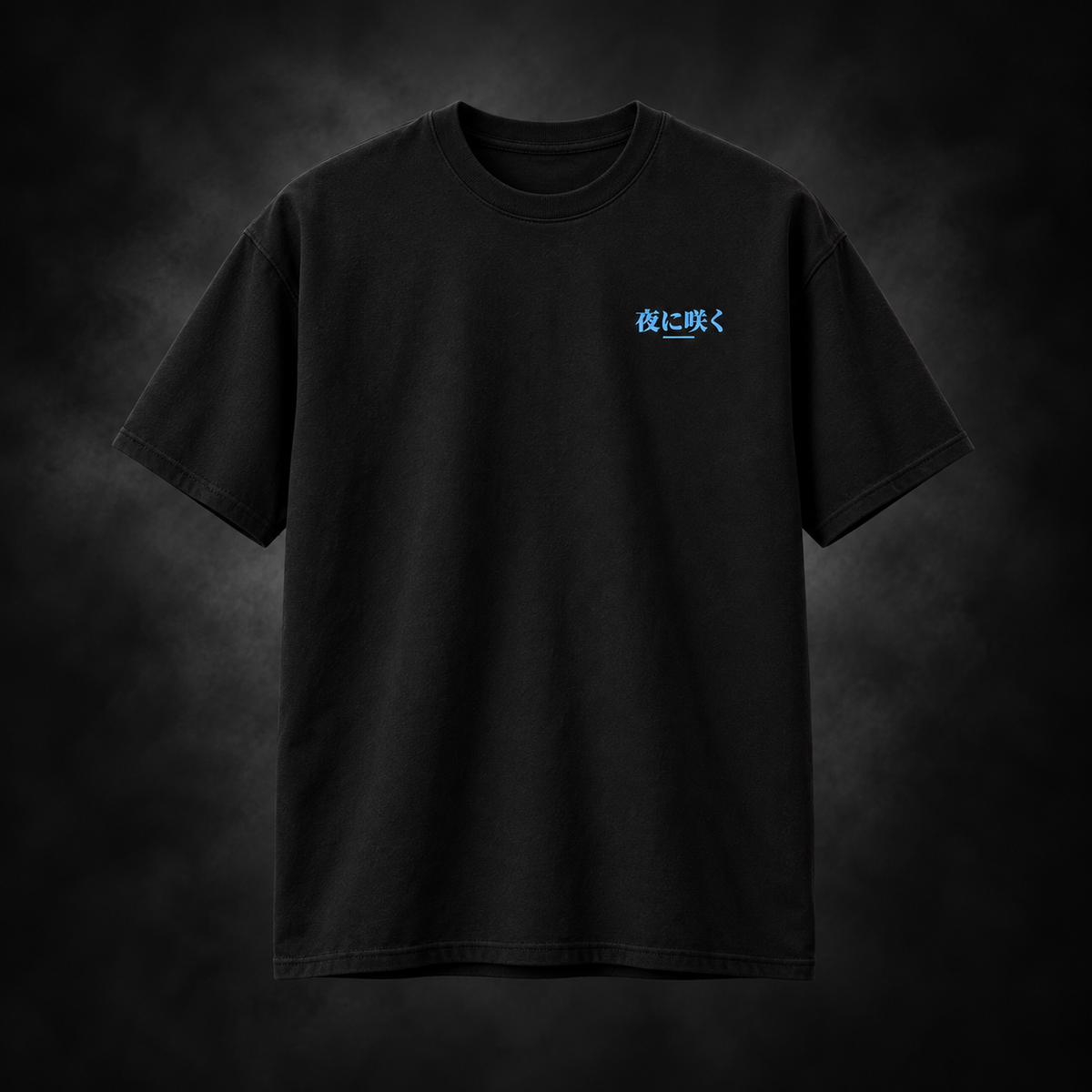 Yonakasaku black T-shirt front with icy blue Japanese chest print