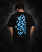 Yonakasaku black T-shirt model back with electric blue dragon graphic