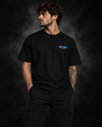 Yonakasaku black T-shirt model front with icy blue Japanese chest logo