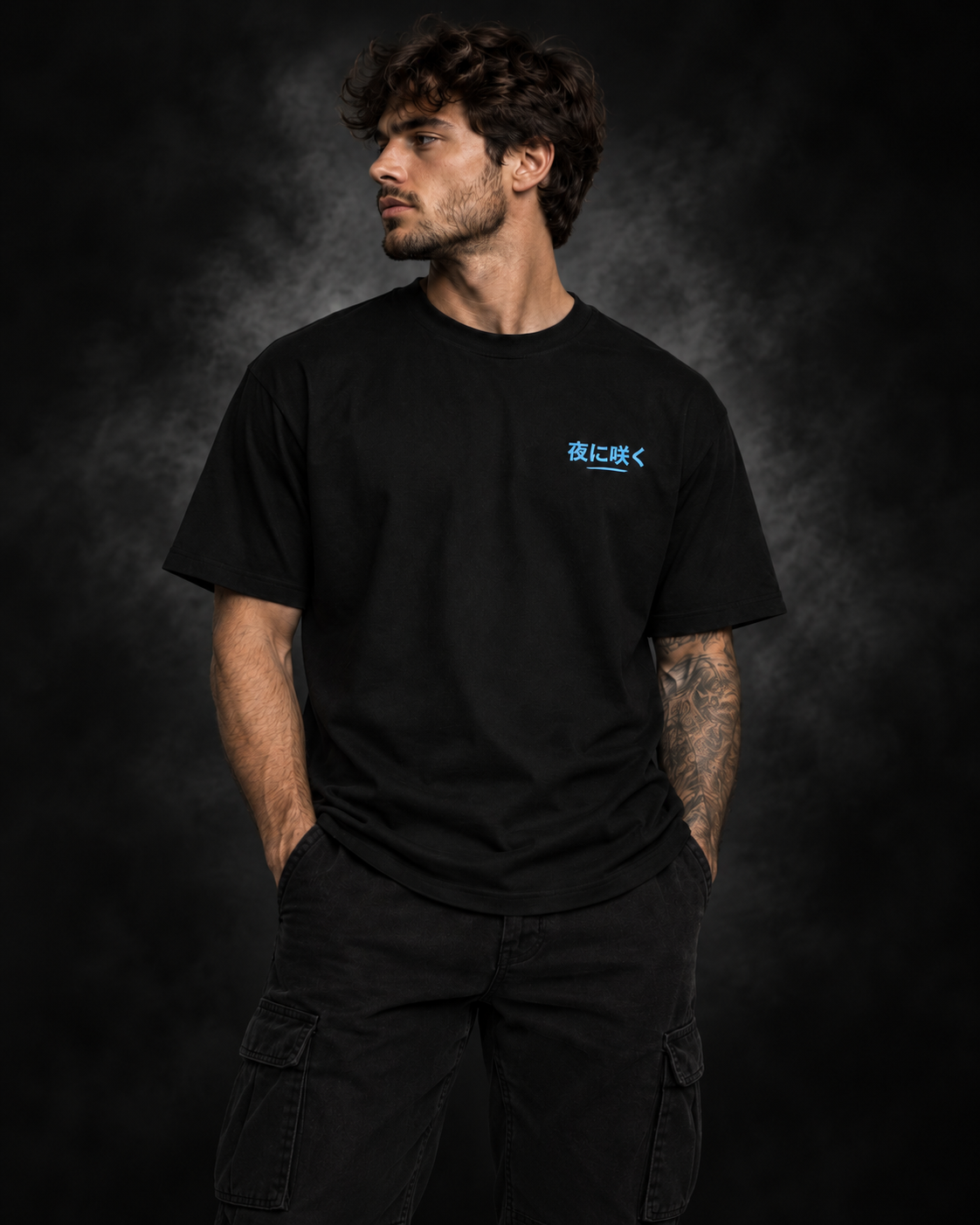 Yonakasaku black T-shirt model front with icy blue Japanese chest logo