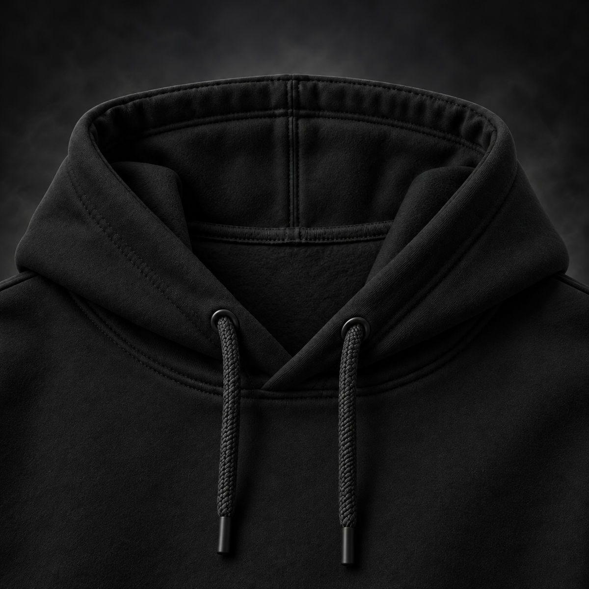 Close-up of the hood and drawstrings on the Yonakasaku black hoodie
