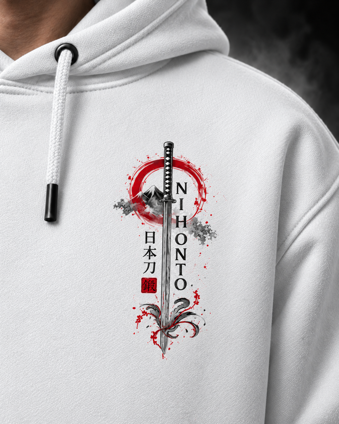 Yonakasaku Katana Sword Hoodie - white front print detail